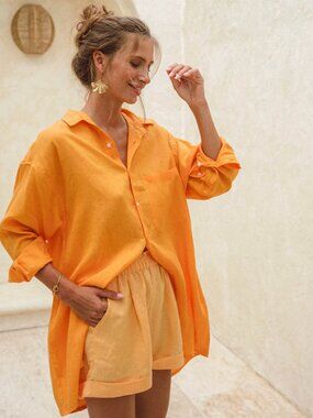 ROVE Resortwear Summer Linen Shirt Dress Mandarin Orange Sz. Small
